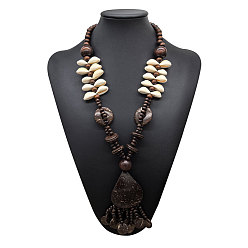 Teardrop Ожерелье в стиле бохо из кокосового волокна, дерева и натуральных ракушек, выполненное вручную в этническом стиле, с длинными кисточками и бусинами, идеально подходит для пляжного отдыха., кокосового коричневый, слеза, 31.50 дюйм (80 см)