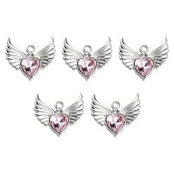 Pink Стеклянные подвески из сплава с покрытием стойки, без кадмия, без свинца и без никеля, платина, подвеска в виде граненого сердца с крылом, розовые, 20x22x4 мм, отверстие : 1.8 мм