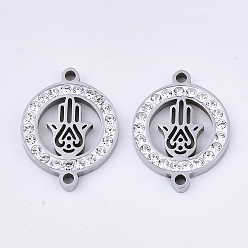 Stainless Steel Color 201 Stainless Steel Links connectors, with Polymer Clay Crystal Rhinestone, Flat Round with Hamsa Hand/Hand of Fatima/Hand of Miriam, Stainless Steel Color, 20x15x2.5mm, Hole: 1.6mm