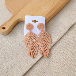 Легкий Лосось Акриловые болтаться серьги стержня, лист, светлый померанцевый, 90x32 мм