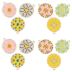 Mixed Color Golden Plated Alloy Enamel Pendants, Baroque Style, Flat Round with Flower, Colorful, Mixed Color, 22.5~23x19.5~20x2~4mm, Hole: 1.6~1.8mm, 6 colors, 2pcs/color, 12pcs