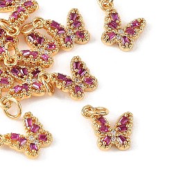 Magenta SHEGRACE Brass Micro Pave Cubic Zirconia Charms, Butterfly Charms, Cadmium Free & Lead Free & Nickel Free, Long-Lasting Plated, Real 18K Gold Plated, Magenta, 11x12x3mm, Hole: 3mm