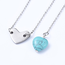 Turquesa Sintético Conjuntos de collares y collares con lazo de corazón, con colgantes sintéticos de color turquesa, 304 enlaces de acero inoxidable, cadenas portacables y cierres, collares pendientes: 15.74 pulgada (40 cm), collares de lazo: 19.68 pulgada (50 cm), 2 PC / sistema