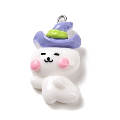 Ghost Непрозрачные подвески смолы, Подвески на Хэллоуин с петлями из платинового сплава, белые, призрак в шляпе ведьмы, 33x12x8 мм, отверстие : 1.5 мм