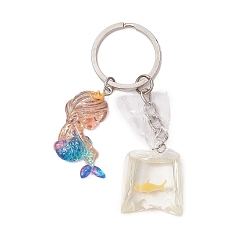 Yellow Resin Keychain, with Iron Rings, Mermaid, Fish, Yellow, 85.5mm