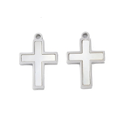 Белые Ракушки 304 подвески из нержавеющей стали, подвески-крестики из натуральной белой ракушки, цвет нержавеющей стали, 16.9x11.5x1.8 мм, отверстие : 1.4 мм
