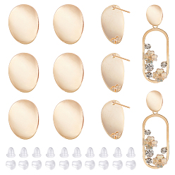 Real 18K Gold Plated 12Pcs Brass Stud Earring Findings, with Vertical Loops & 30Pcs Plastic Ear Nuts, Oval, Long-Lasting Plated, Nickel Free, Real 18K Gold Plated, 22x18x2.5mm, Hole: 2mm, Pin: 0.8mm