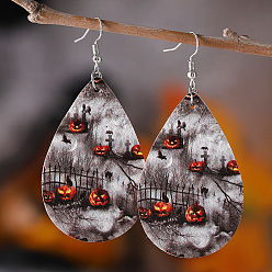 Гейнсборо Серьги из искусственной кожи на Хэллоуин, с серьгами из нержавеющей стали и крючком, слеза с тыквой, платина, светло-серые, 75x35 мм