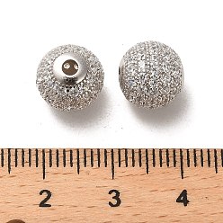 Clear Rhodium Plated 925 Sterling Silver Micro Pave Cubic Zirconia Beads, Round, Real Platinum Plated, Clear, 10x9mm, Hole: 2.2mm