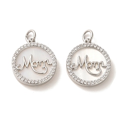 Платинированный Подвески из латуни с микропаве ко Дню матери и кубическим цирконием, с оболочкой, Плоский круглый со словом мама, Реальная платина, 18x15.5x3.5 мм, отверстие : 3 мм