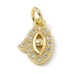 Golden Brass Micro Pave Clear Cubic Zirconia Charms, with Open Jump Rings, Hand with Eye, Golden, 11.2x7.7x2.5mm, Jump Ring: 4.5x0.7mm, Inner Diameter: 3mm