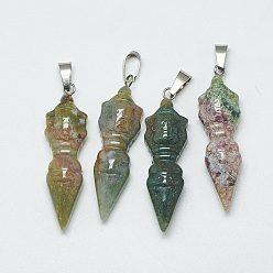 Indian Agate Natural Indian Agate Pendants, with Stainless Steel Snap On Bailss, Platinum, 45~45.5x12.5~13x8~9mm, Hole: 7.5x4mm