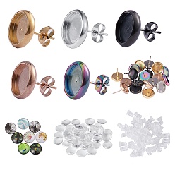 Mixed Color DIY Earrings Kits, Including Silicone Ear Nuts, Feather Pattern Flatback Half Round Glass Dome Cabochons,Transparent Glass Cabochons, and 304 Stainless Steel Stud Earring Settings, Mixed Color, 6x5mm, Hole: 0.7mm, 50pcs