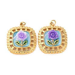 Темно-Голубой 304 нержавеющей стальной эмали подвески, со смолой и прыгающим кольцом, ионное покрытие (ip), квадрат с цветочным шармом, реальный 18 k позолоченный, глубокое синее небо, 24x21x6 мм, отверстие : 2.5 мм