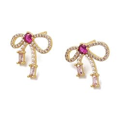 Настоящее золото 18K Серьги-гвоздики из латуни с микропаве и цирконием, долговечный, без свинца и без кадмия, бантом, реальный 18 k позолоченный, 18x19.5 мм