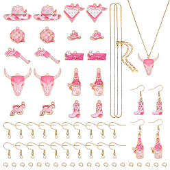 Pink Наборы для самостоятельного изготовления сережек/ожерельев, включает в себя 20 шт. 10 стили подвеска из сплава и эмали в стиле ковбоя в западном стиле, 20 шт. 304 крючки для серег из нержавеющей стали, 20 шт. 304 открытые соединительные кольца из нержавеющей стали, розовые, 11.5~34.5x14.5~34x2~3.5 мм, отверстие : 1.6~2.5 мм