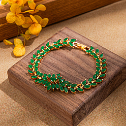 Золотой Элегантные латунные браслеты-цепочки с кубическими цирконами для женщин, лист, золотые, внутренний диаметр: 7-1/8 дюйм (18 см)