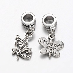 Antique Silver Mixed Tibetan Style Alloy  Butterfly European Dangle Charms, Large Hole Pendants, Antique Silver, 24~33x13~25mm, Hole: 5mm