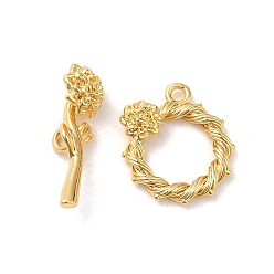 Plaqué 18K Or Véritable Laiton fermoirs toggle, fleur, sans cadmium et sans nickel et sans plomb, réel 18 k plaqué or, anneau: 17.5x16.5x4 mm, trou: 1.6 mm; bar: 22x8x8 mm, Trou: 1.8mm