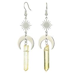 Stainless Steel Color Natural Quartz Crystal Nuggets Dangle Earrings, 201 Stainless Steel Moon & Sun Long Drop Earrings with Brass Pins, Stainless Steel, 79x19.5mm