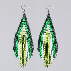 Темно-Зеленый Серьги-кисточки из стеклянного бисера ручной работы, С 304 результатами из нержавеющей стали, стрелка шаблон, платина, темно-зеленый, 140x37 мм