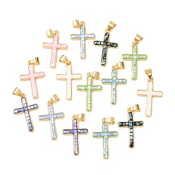 Настоящее золото 18K Подвески из латуни и ракушек с покрытием стойки, крест прелести, с эмалью, долговечный, без кадмия, без никеля и без свинца, реальный 18 k позолоченный, 22x14x2.5 мм, отверстие : 4x4.5 мм