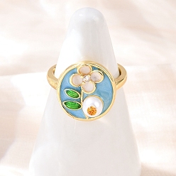 Oval Латунные манжеты с небесно-голубой эмалью, с абс-пластиком, имитирующим жемчуг и блестящей пудрой, реальный 18 k позолоченный, стойки покрытие, долговечный, без кадмия и без свинца, овальные, внутренний диаметр: регулируемый, овальный : 15.5x14.5 mm