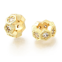 Золотой Шестиугольные латунные микропаве прозрачные кубические цирконии европейские бусины, рондель, колесо, бусины с большими отверстиями, стойки покрытие, долговечный, без свинца и без кадмия, золотые, 10x5.5 мм, отверстие : 5.3 мм