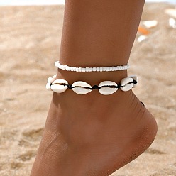 Черный Эластичные браслеты на ногу из стеклянных бусин, регулируемые браслеты на щиколотку из вощеного шнура из ракушек каури, чёрные, внутренний диаметр: 11-3/4 дюйм (30 см)