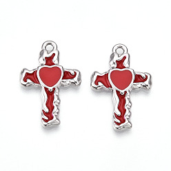 Красный 304 подвески из нержавеющей стали, с эмалью, крестик с сердечками, цвет нержавеющей стали, красные, 30x20x3 мм, отверстие : 2 мм