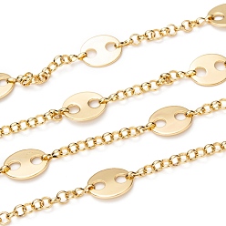 Golden Brass Rolo Chains & Coffee Bean Chain, with Spool, Long-lasting Plated, Unwelded, Golden, Link: 8x3x1.5mm, 16x13.5x1mm, Ring: 4.5x1.3mm, about 32.8 Feet(10m)/roll