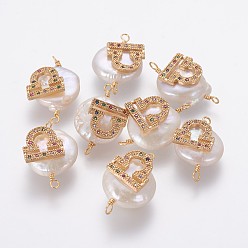 Libra Natural Pearl Links connectors, with Brass Micro Pave Cubic Zirconia Findings, Flat Round with Constellation, Golden, Colorful, Libra, 20~26x9~17x5~11mm, Hole: 1.6mm