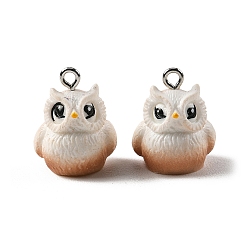 Белый Непрозрачные подвески смолы, сова прелести, с платиновыми тоновыми железными петлями, белые, 19~20x15~16x17~17.5 мм, отверстие : 2 мм