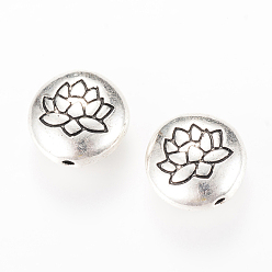 Antique Silver Tibetan Style Alloy Beads, Flat Round with Lotus, Cadmium Free & Lead Free, Antique Silver, 14x6.5mm, Hole: 1mm, about 240pcs/1000g