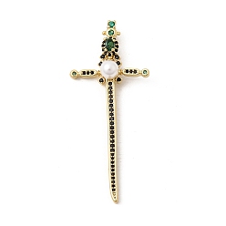 Зеленый Латунные микро проложить кубического циркония подвески, с ABS имитации жемчуга, долговечный, стойки покрытие, без свинца и без кадмия, меч с крестообразными подвесками, реальный 18 k позолоченный, зелёные, 58.5x25x7 мм, отверстие : 4.5x2.5 мм