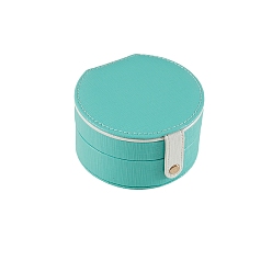 Turquoise 2 Layer Round PU Leather Jewelry Boxes with Mirror Inside, Portable Travel Jewelry Organizer Case, for Earrings, Rings, Necklaces Storage, Turquoise, 11x6cm