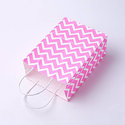 Pink kraft Paper Bags, with Handles, Gift Bags, Shopping Bags, Rectangle, Wave Pattern, Pink, 27x21x10cm