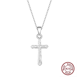 Real Platinum Plated 925 Sterling Silver Textured Pendants, Religion Cross Charms, without Necklace, Rhodium Plated, Real Platinum Plated, 23.5x13mm