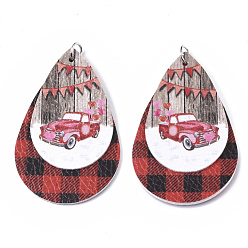 Красный Рождественские темы из искусственной кожи большие подвески, с платиновым железным прыжковым кольцом, слеза, с машиной, красные, 56.5x37x3 мм, отверстие : 5 мм