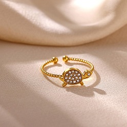 Real 18K Gold Plated Brass Micro Pave Cubic Zirconia Cuff Open Rings, Tortoise, Real 18K Gold Plated, 12x7mm, Inner Diameter: 18mm
