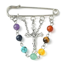 Platine Broches de kilt pendentif en alliage, crucifix de religion, croix, broches en perles et en fer avec pierres précieuses chakra, platine, 55x51mm