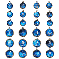 Mixed Color Alloy Glass Pendants, Half Round with Twelve Constellations, Antique Bronze, Mixed Color, 22~26x19~23x6~7mm, Hole: 1.8mm, 12pcs/set, 4sets/box