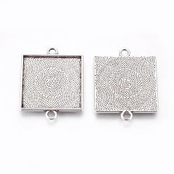 Antique Silver Alloy Cabochon Connector Settings, Plain Edge Bezel Cups, Square, Antique Silver, Tray: 25x25mm, 35x27x2mm, Hole: 3mm