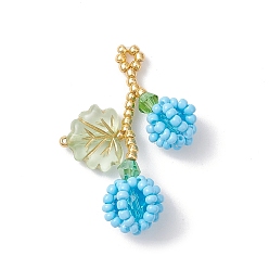 Темно-Голубой Подвески из стеклянных бусин в виде ягод и листьев, со стеклом и акрилом, глубокое синее небо, 35x22x10 мм, отверстие : 2 мм