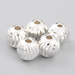 Посеребрённый Латунные бусины, долговечный, гофрированный круглый, 925 серебро покрытием, 9.5x9 мм, отверстие : 3 мм