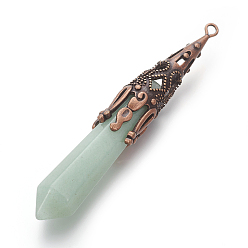 Green Aventurine Natural Green Aventurine Pointed Pendants, with Red Copper Tone Brass Findings, Bullet, 76~82x12mm, Hole: 2mm
