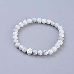 Howlite Feng Shui natürliche Howlite Perlen Stretch Armbänder, mit 925 Sterlingsilberperlen und Schmuckschatulle, flach rund mit Yin-Yang, 2-1/8 Zoll (55 mm)