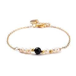 Black Agate Natural Black Agate Beaded Bracelets, with Natural Pearl Beads, Brass Cable Chains & Beads & Charms, 304 Stainless Steel Lobster Claw Clasps, 7-1/4 inch~7-1/2 inch(18.5~19cm)