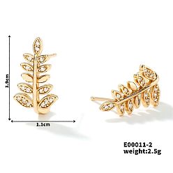 Golden Fashionable and Versatile 3D Leaf Stud Earrings with Copper, Zirconia Stones, Golden, 19x11mm