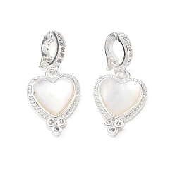 Silver Brass Micro Pave Clear Cubic Zirconia Pendants, with Shell, Heart Charms, Silver, 20mm, Hole: 3x4mm